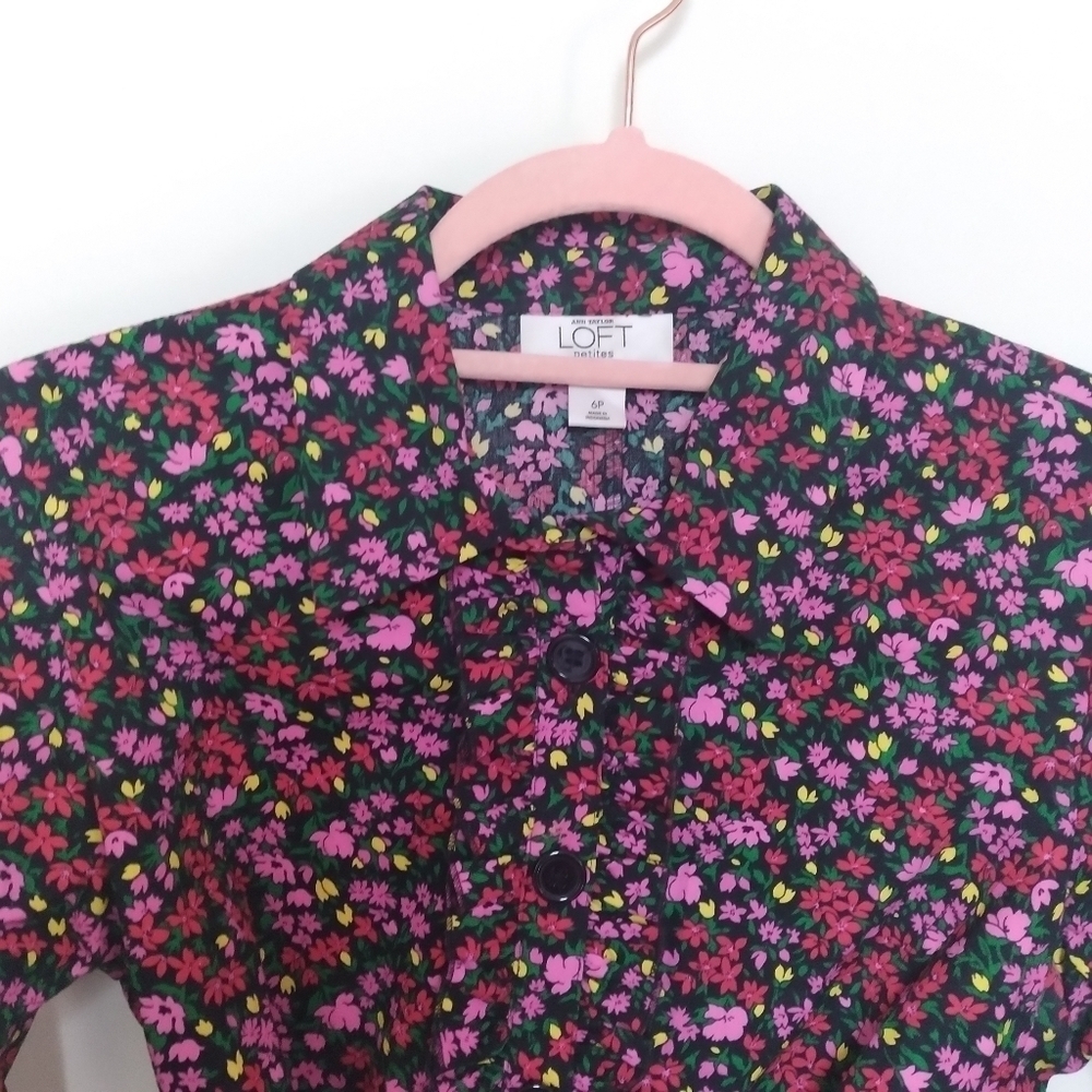LOFT Black and Pink Floral Cotton Midi Shirt Dress Size 6 Petite - Picture 10 of 12